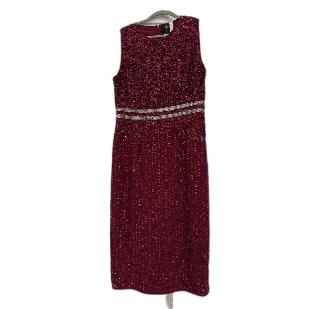 MAC DUGGAL Dark Red Sleeveless High Neck Beaded Midi Sheath Dress Style #A10509
